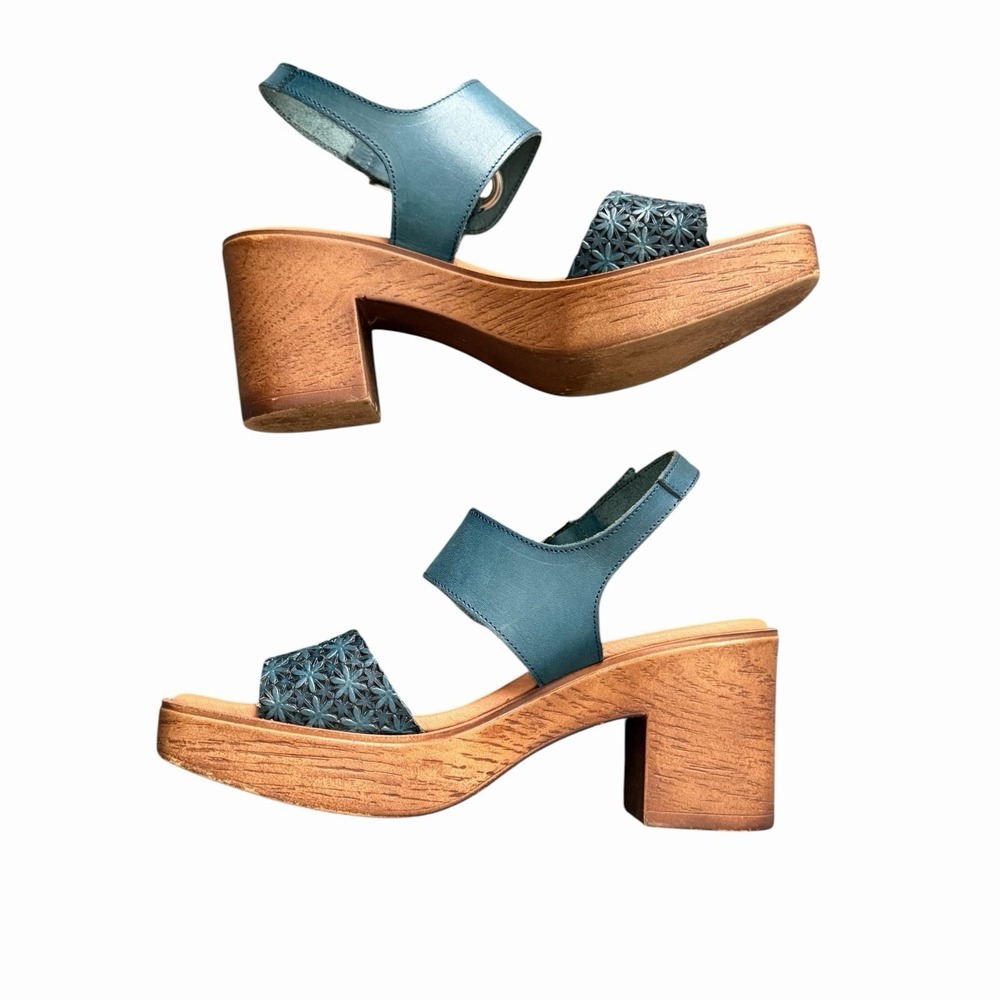 Eric Michael Spain Leather Platform Sandals US 7.5 EU 38 Green Floral Block Heel - Picture 6 of 11